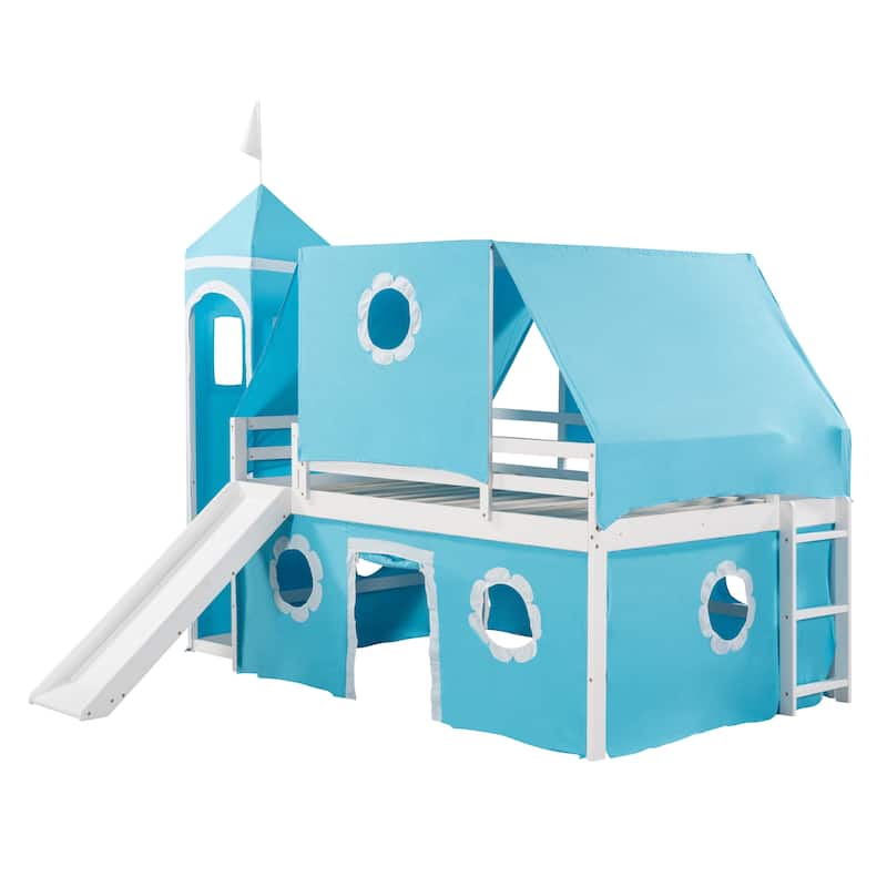 Unique CastleShaped Bunk Bed with Slide and Safety Guardrail, Kids Playhouse Bed Bunk Bed with