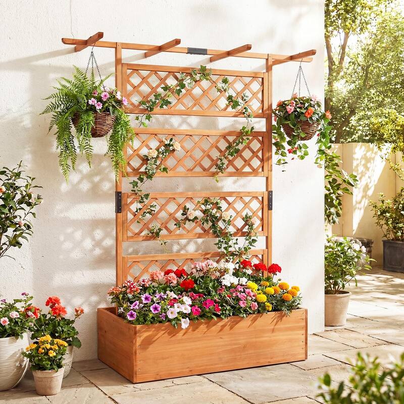 Gymax 72'' Wooden Planter Box w/Lattice Trellis Flat Roof Drainage for