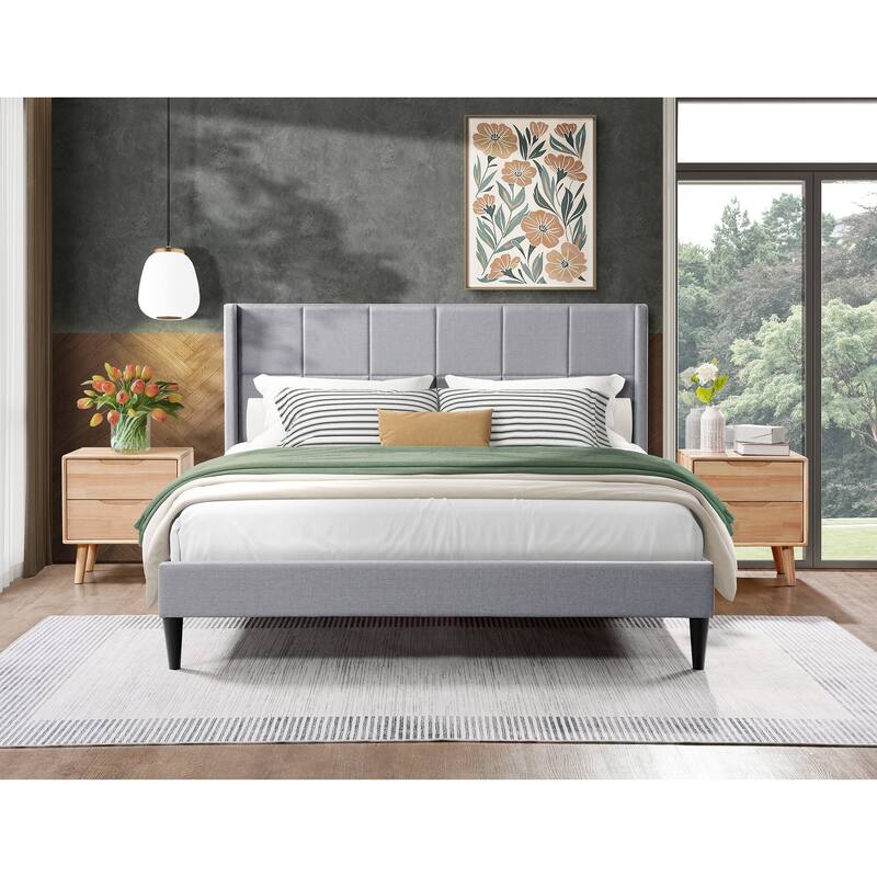 Queen Bed Frame with Wingback/Linen Upholstered Platform Bed with Square Stitched Headboard/Wood Slats Support/Solid Wood Legs
