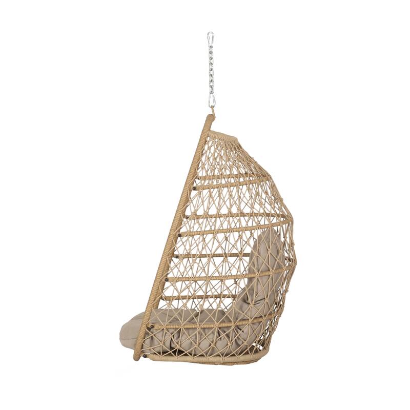 Roomfitters Hanging Wicker Egg Chair, Teardrop Rattan Swing Seat with Soft Tan Cushion and Steel Chain for Patio