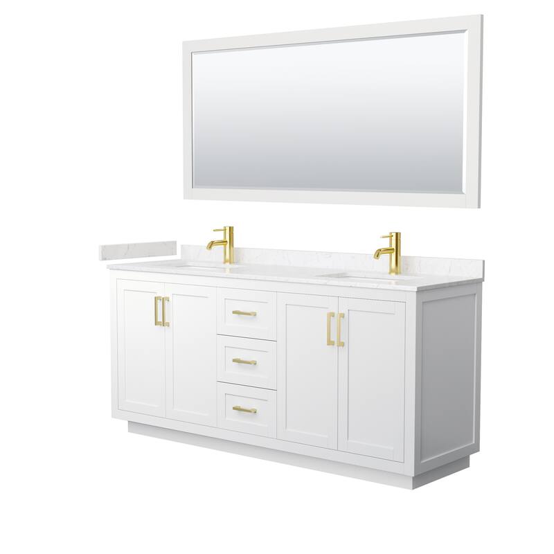 Miranda Double Vanity Set, Cultured Marble Top, 70-Inch Mirror - 72-Inch Double - White, Gold Trim, Carrara Cultured Marble Top