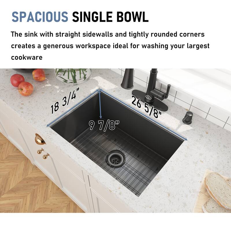 CASAINC All-in-One Fireclay 27 in. Single Bowl Undermount Kitchen Sink with Infrared Sensor Kitchen Faucet and Accessories