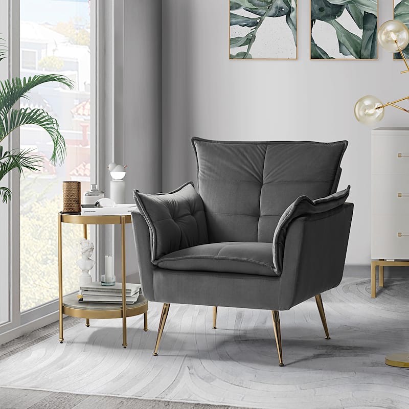 1ida Modern Velvet Tufted Padded Cushion Armchair with Golden Metal Legs by HULALA HOME