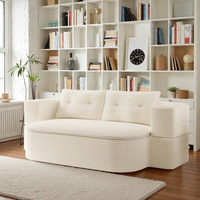 78.7 Inch Convertible Floor Sofa Bed, Plush Corduroy Sleeper Couch with Blanket and 2 Pillows, Deep Seat - Beige