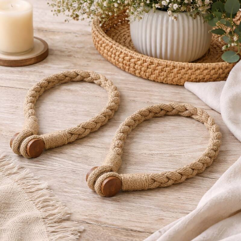 Braided Curtain Tiebacks with Magnetic Closure 19 x 0.5 in - Set of 2 Tiebacks - Jute