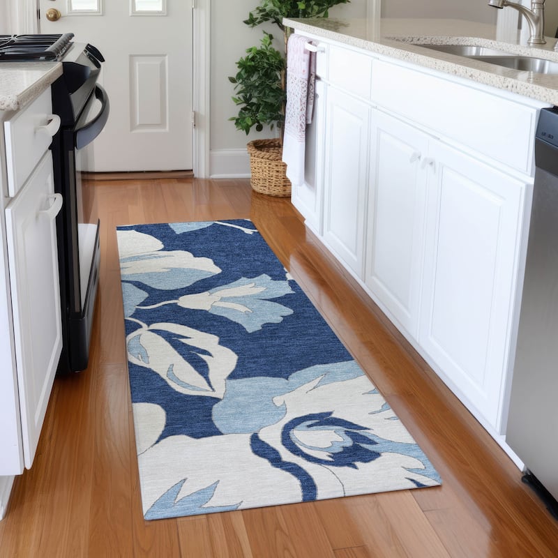 Premium Washable Super Soft Modern Floral Mayfield Rug - Navy - 2'3" x 7'6"
