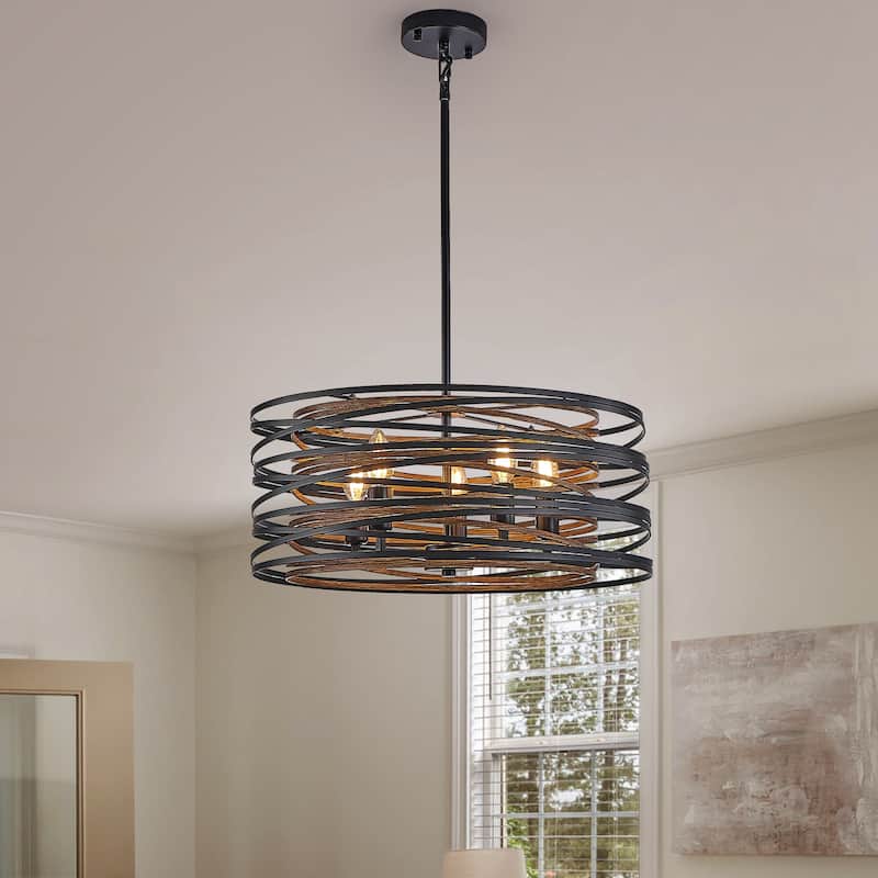 20" Rustic Industrial Pendant Light, 5-Light Black and Walnut Metal Cage Chandelier with Wood Accent - Walnut+black
