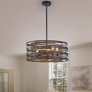 20" Rustic Industrial Pendant Light, 5-Light Black and Walnut Metal Cage Chandelier with Wood Accent