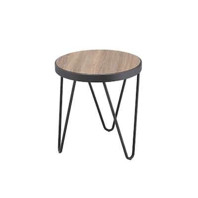 18" Round End Table with Black Iron Base and Brown Wood Top Rustic Accent for Living Room - 16.73”L x 16.73”W x 18.11”H