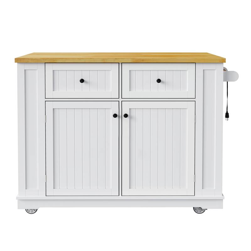 Modern Large Kitchen Island with 2 Drawers, Interior Storage Shelves and 5 Open Side Shelves, for Kitchen (Stools Not Included)