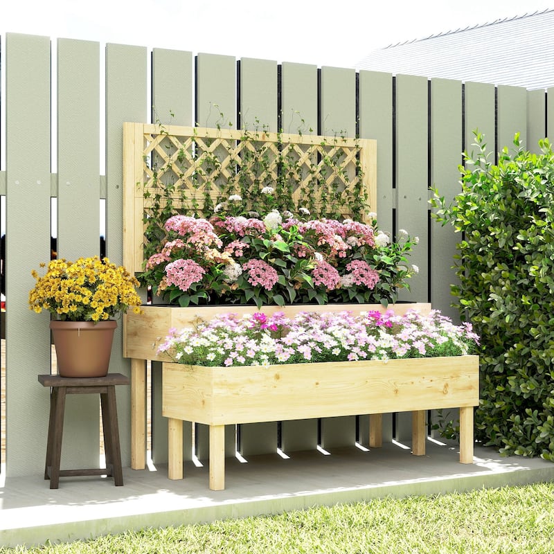Outsunny 2-Tier Raised Garden Bed with Trellis, Wooden Elevated Planter Box with Drainage Gaps, Liners
