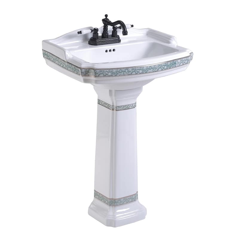 White Porcelain Bathroom Pedestal Wall Mounted Sink with Green Gold Accent and 4 in. Centerset Faucet Holes
