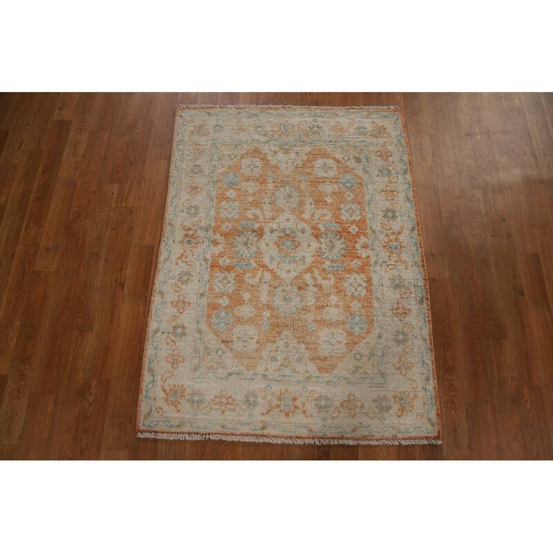 Hand Knotted Oriental 100% Wool Carpet Transitional Geometric Oranges & Rust Oushak Area Rug - 3' 11'' X 2' 11''