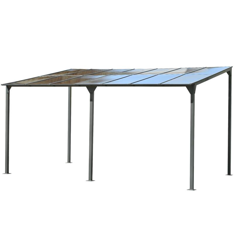 14.76x9.22 FT Wall-Mounted Outdoor Gazebo with Sloped Roof, Powder-Coated Iron Frame & PC Panels for Deck, Garden, Backyard