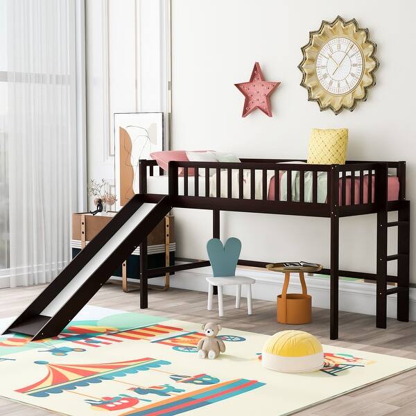 slide 2 of 9, Charming Twin Size Low Loft Bed with Slide and Easy Climb Ladder Espresso - Twin