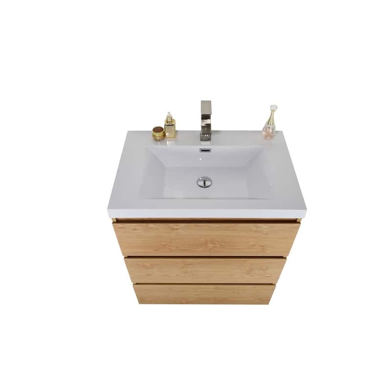 Angeles 30 natural oak finish freestanding bath vanity with single basin reinforced acrylic top