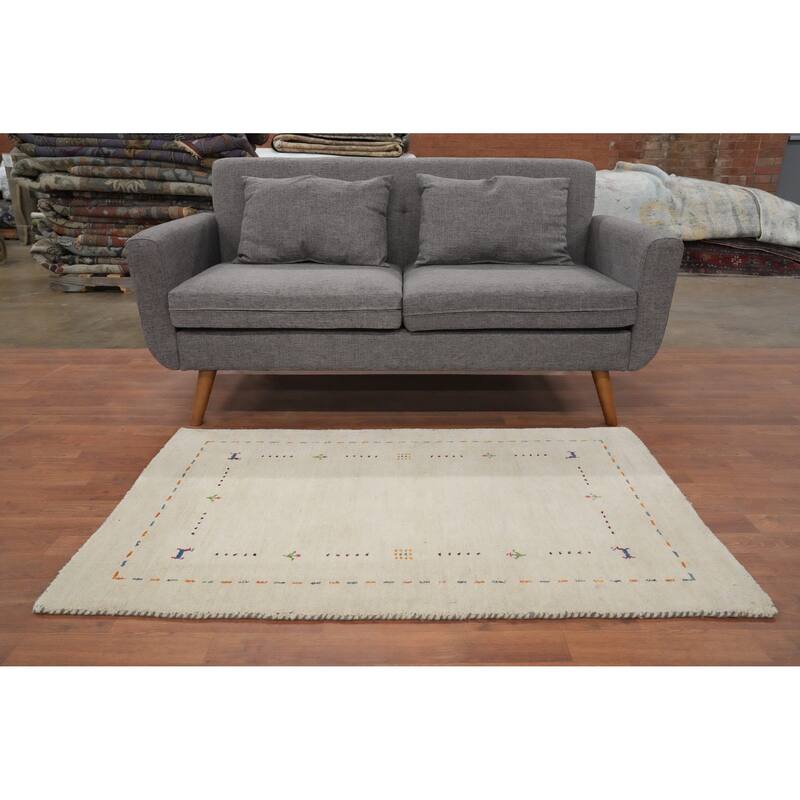 Hand Knotted Oriental 100% Wool Carpet Tribal Animal Pictorial Beige & Ivories Gabbeh Area Rug - 4' 9'' X 3' 0''