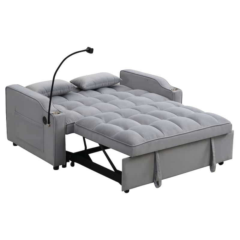 Light Gray Velvet Convertible Sleeper Loveseat Sofa with Adjustable Backrest