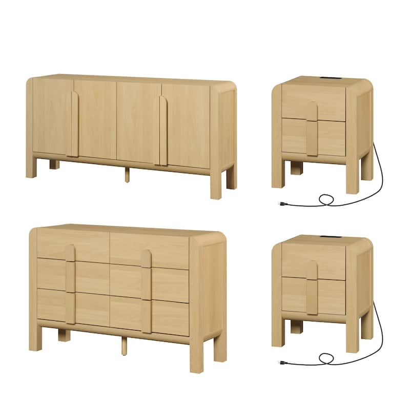 WAMPAT 4 Pcs Bedroom Set,6 Drawer Dresser And Nightstand Sets For Bedroom, Night Stand Set Of 2, Modern Accent Chest - Oak