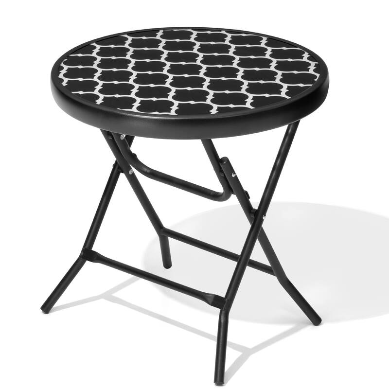 Outdoor Folding Tempered Glass Side Table Patio Bistro Coffee Table - 1PC - Black&White