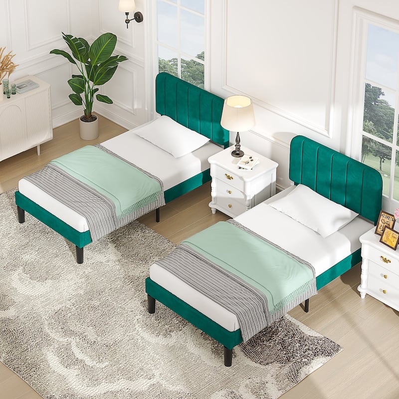 2 Pack Kids Bed Frame Height Adjustable Upholstered Headboard Bed Twin Size Bed Set of 2