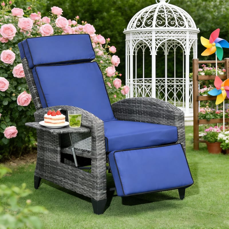 GDFStudio Outdoor Isolde PE Wicker Recliner Chair with Cushioned Comfort and Side Tray