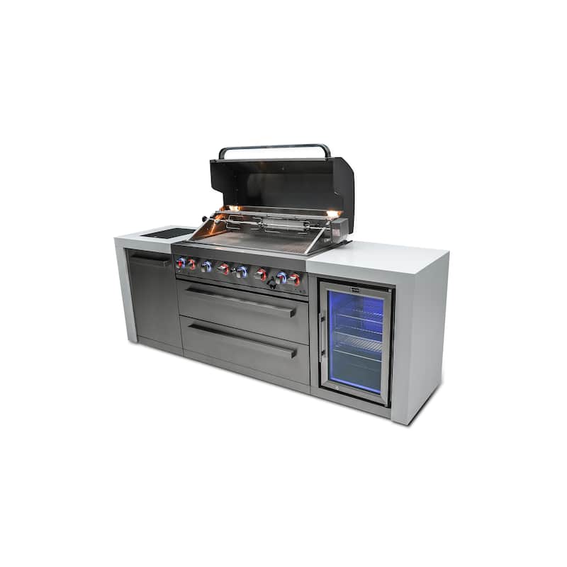 Mont Alpi MAi805-DFC 44-inch 6-Burner Deluxe Stainless Steel Outdoor Kitchen Island Grill + Fridge Cabinet + Granite Countertops
