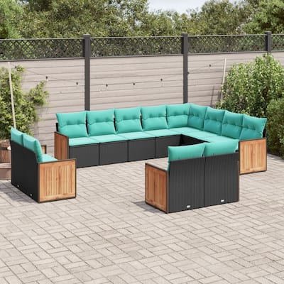 vidaXL 12 Piece Patio Sofa Set with Cushions Black Poly Rattan