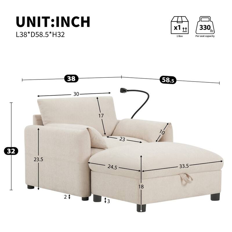 38" Chenille Single Sofa with Storage Ottoman, USB Charger, Side Storage Pockets, Pillow-like Armrests