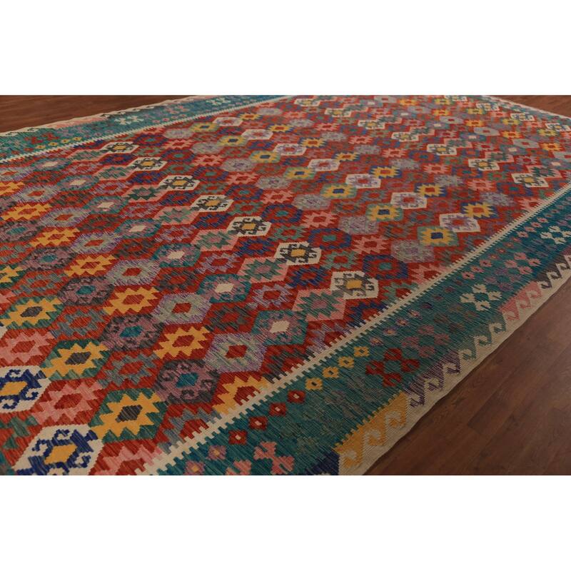 Geometric Kilim Oriental Large Rug Hand-Woven Wool Carpet - 10'3"x 16'6"