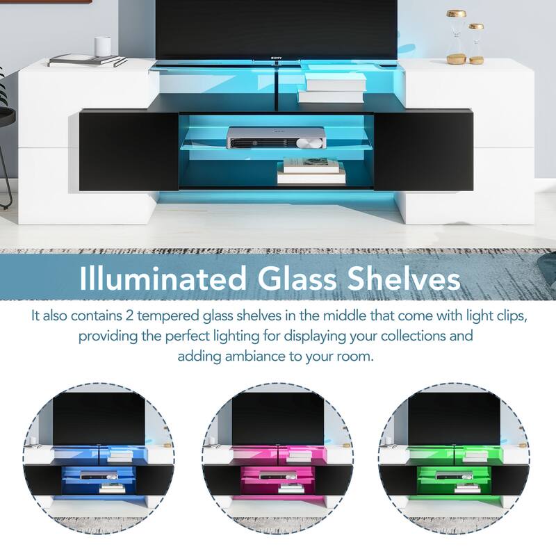 Unique Shape TV Stand with 2 Illuminated Glass Shelves