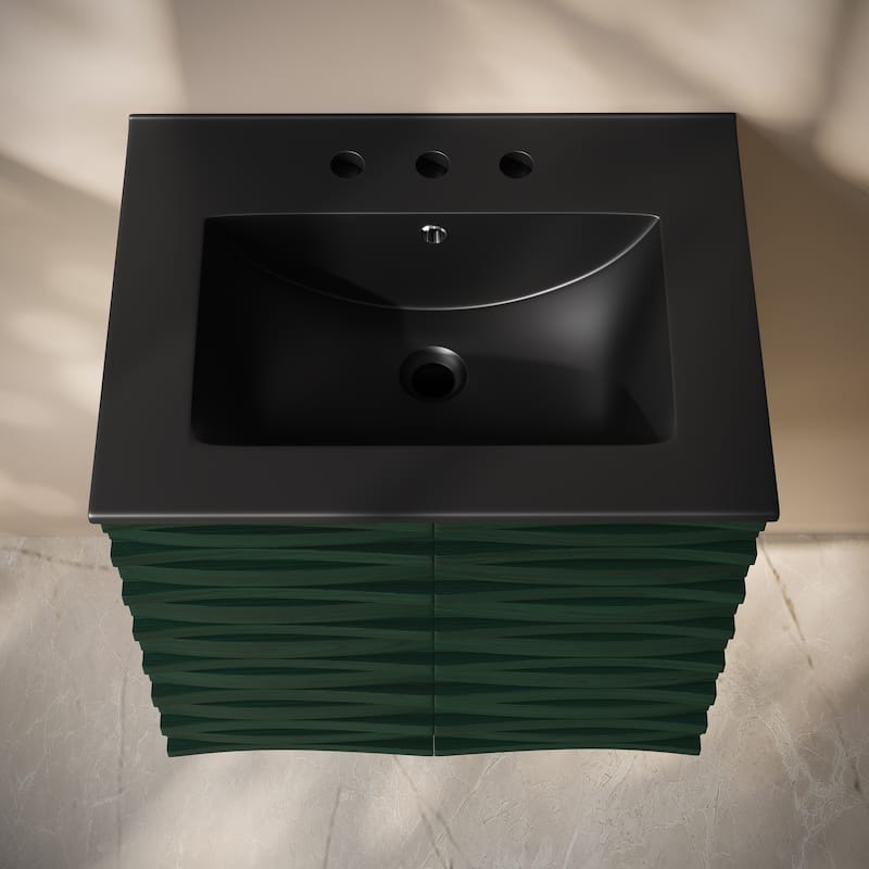 Cascade 24" Wall-Mounted Bathroom Vanity In Green Oak With Black 3-Hole Widespread Sink Top - 24