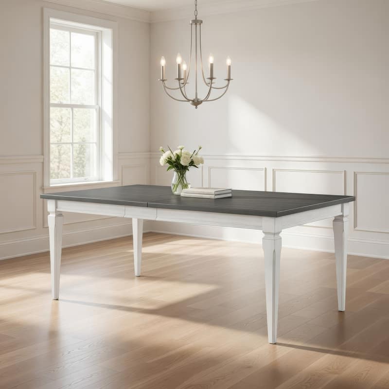 Kate 72-90 Inch Dining Table, Gray Extendable Rectangular Top, White Wood