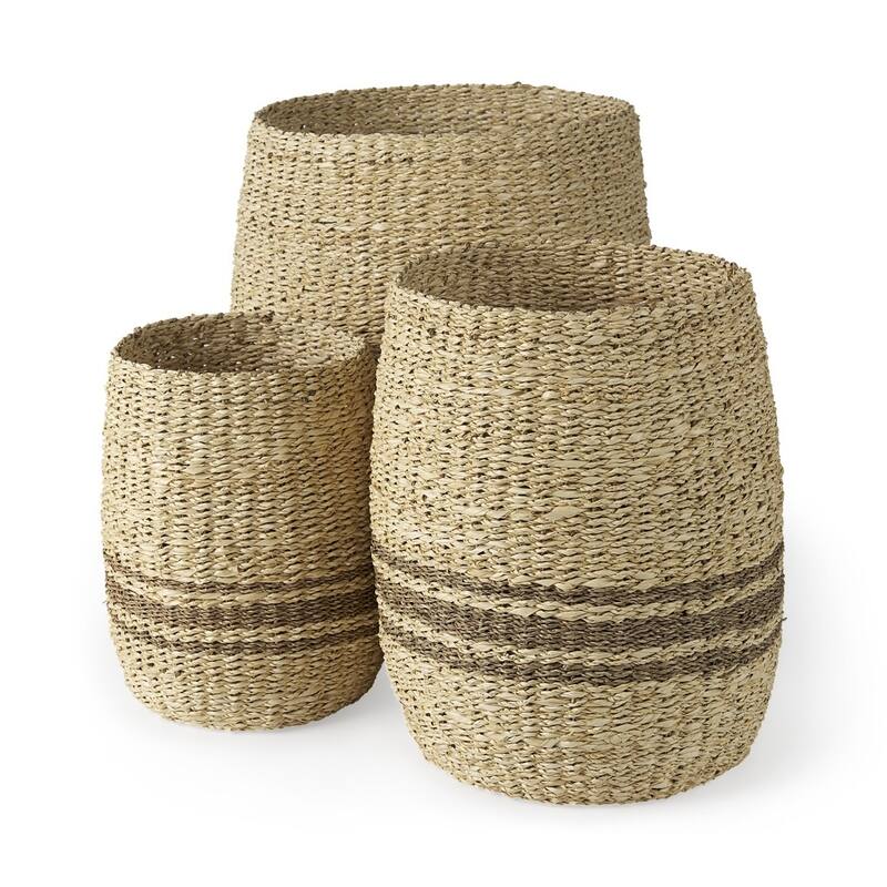 Set of Three Detailed Wicker Storage Baskets - 19.685" W x 19.685" D x 23.622" H - Brown - 19.685" W x 19.685" D x 23.622" H