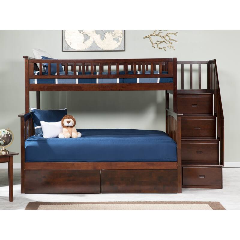 AFI Columbia Twin over Full Size Staircase Bunk Bed with Bed Drawers & Charging Station in Walnut