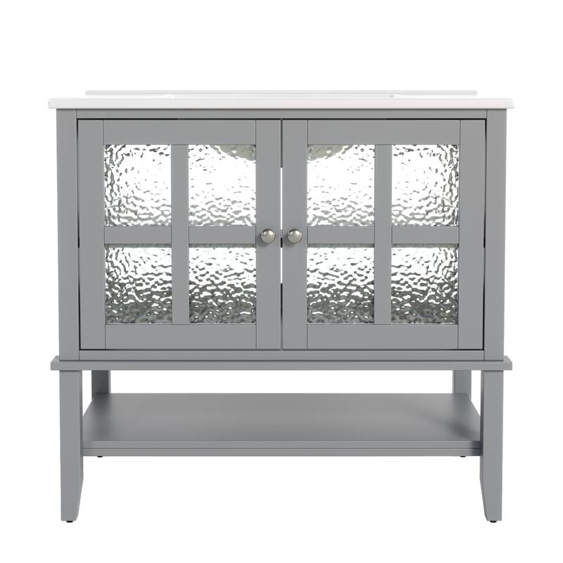 36" Bathroom Vanity with Ceramic Sink, Bathroom Vanity with Adjustable Shelf and Open Shelf, with Solid Wood Legs - Grey