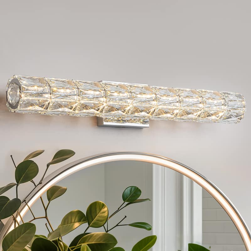 Hexagonal Crystal Cylinder LED Wall Sconce Dimmable Vanity Light - Chrome