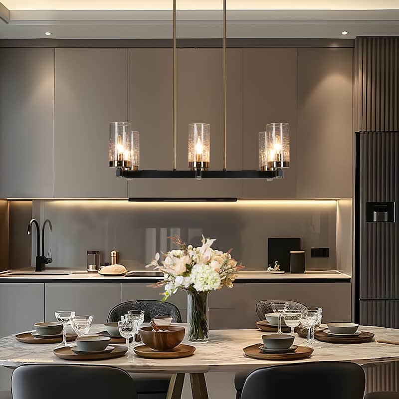 Modern Farmhouse 6-Light Black Gold Chandelier Linear Glass Island Lights for Dining Room