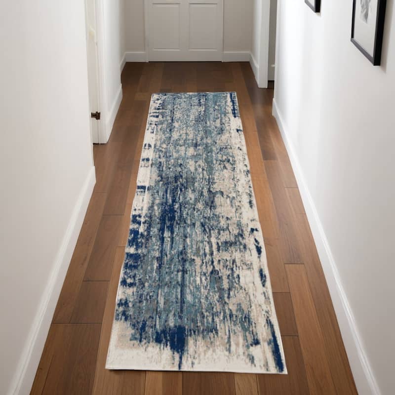 Buke Power Loomed Abstract Modern Non Skid Stain Resistant Area Rug By HomeRoots - 90' X '26' X '0.5 - 90' X '26' X '0.5 - Oxford Blue - Runner