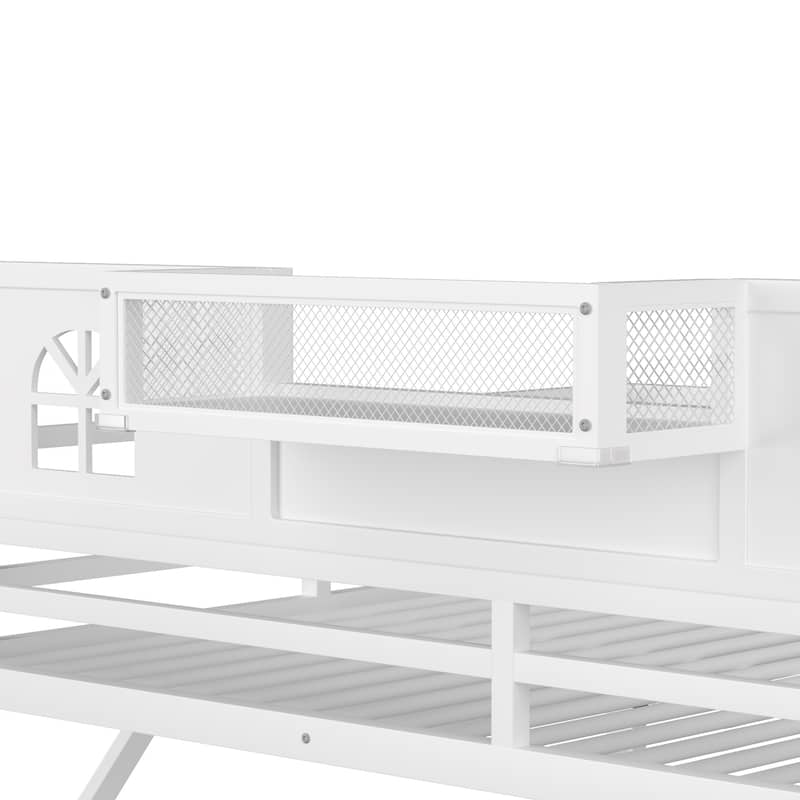 High Loft Bed Frame with Storage Stairs and Wardrobe, Loft Metal Frame Bed with High House Shaped Guardrails for Kid Teens