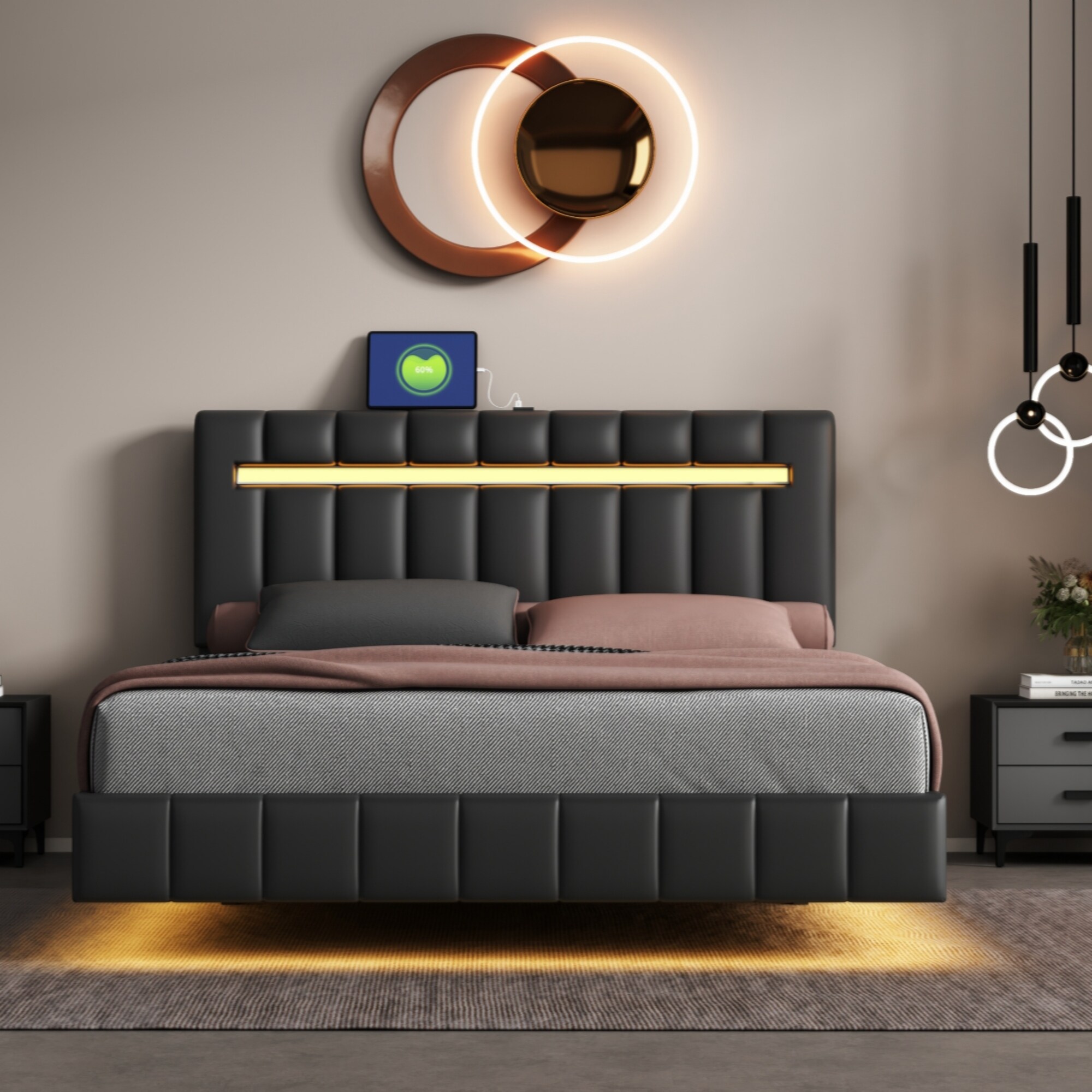 Full Size Bed Frame With Charging Station And RGB LED Lights Sturdy Platform Upholstered Storage Headboard Solid Metal Slats Noise Free Box Spring Needed Easy