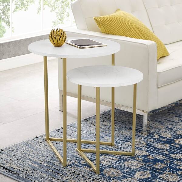 slide 2 of 14, Middlebrook V-leg Nesting Side Table Set Gold / White Faux Marble