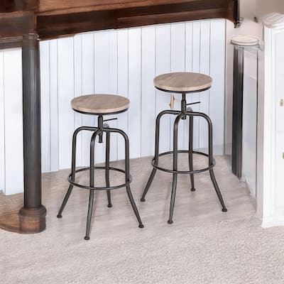 HomeRoots Set of Two Walnut and Black Iron and Wood Backless Adjustable Height Swivel Bar Chairs
