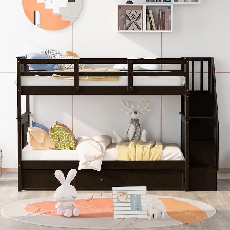 Twin-Over-Twin Bunk Bed with Stairs and Three Drawers, Espresso Finish
