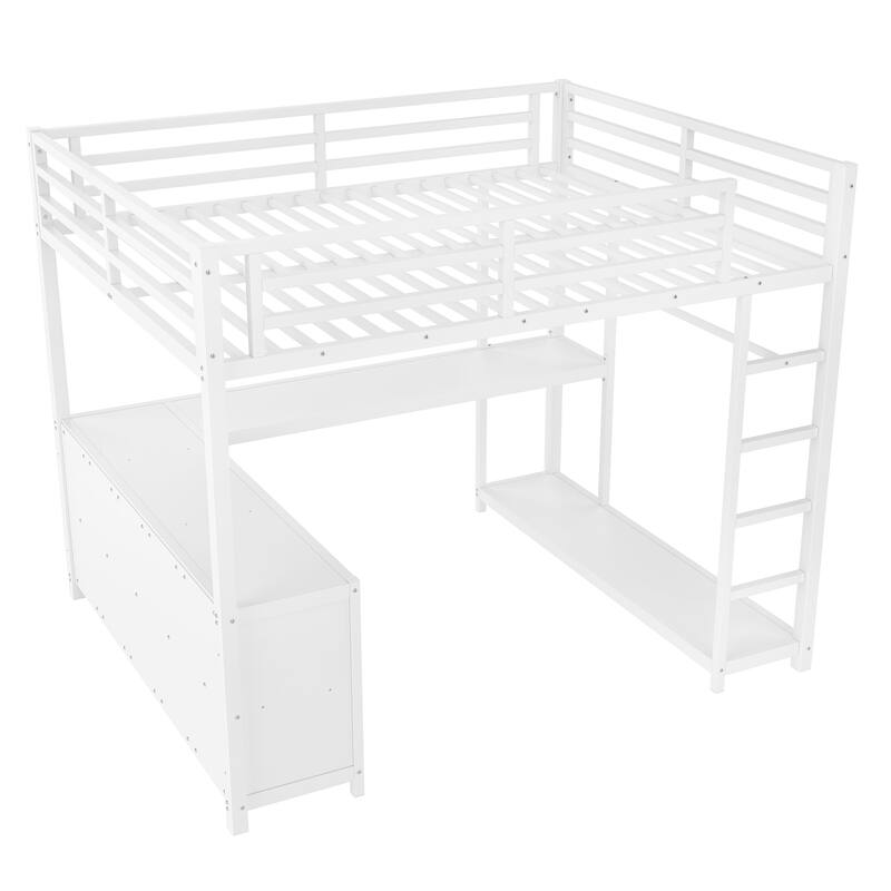 Metal Loft Bed with Wardrobe and L-shaped Desk, Queen Size Loft Bed with Storage Cubes and Shelves