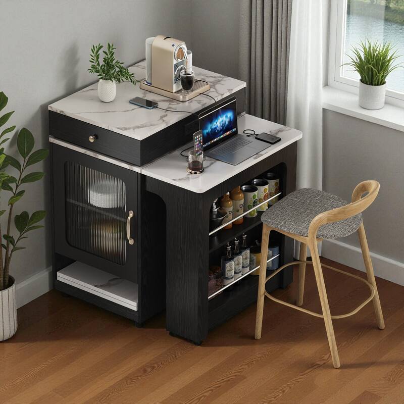 59.5" Kitchen Island with Extendable Table, Double-Sided Storage, Power Outlet, Drawers and Shelves