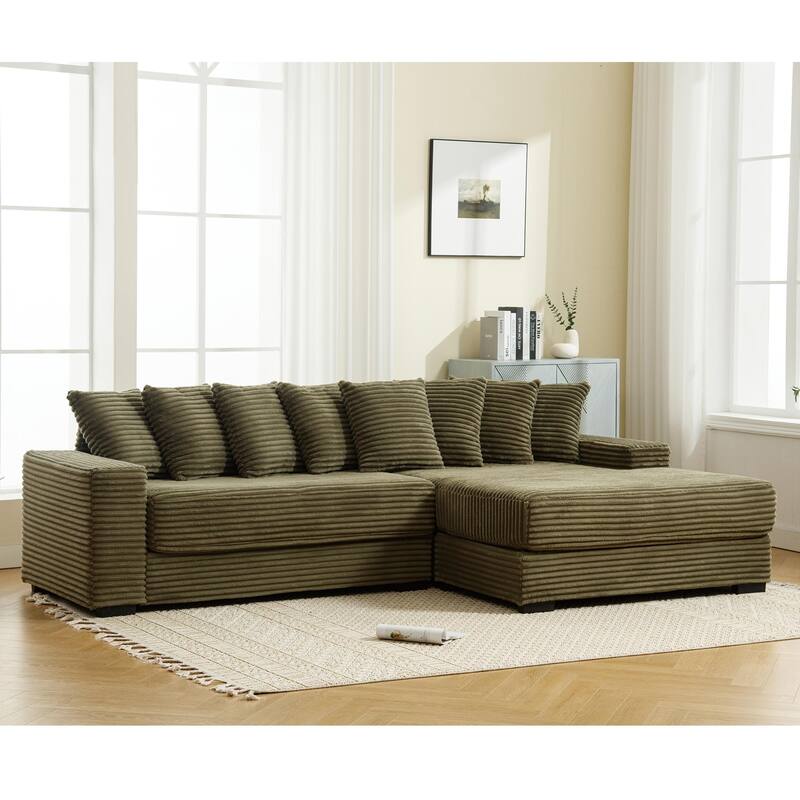 L Shaped Sectional Sleeper Sofa Corduroy Corner Sofa with Chaise Lounge and 8 Throw Pillows, Oversized Modular Daybed