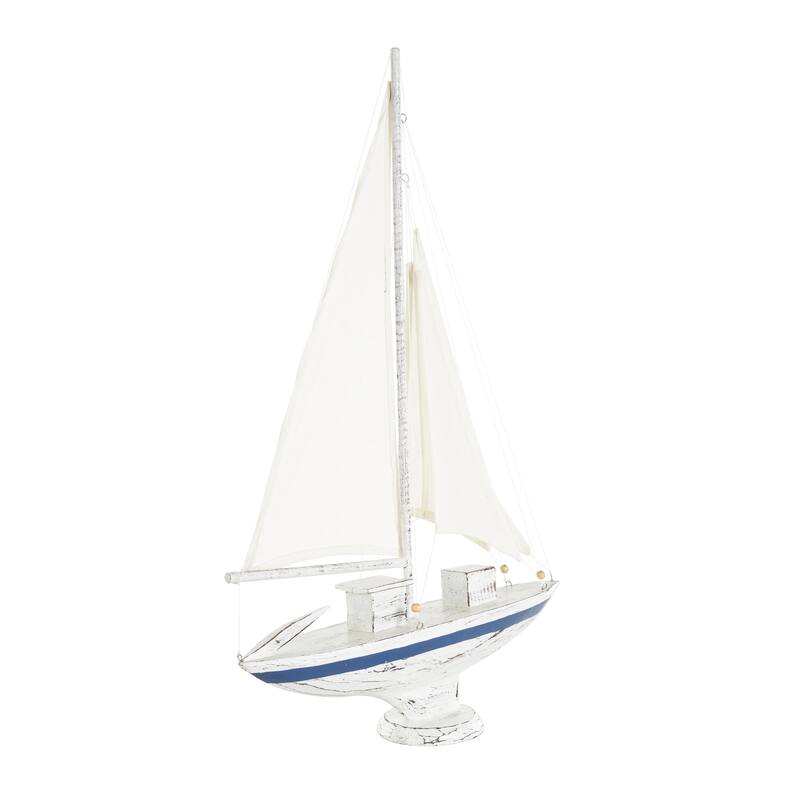Wood Sail Boat Distressed Decorative Sculpture with Brown Beaded Accents - White - Roche River Decor