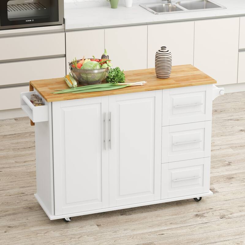 Kitchen Island Cart with 2 Door Cabinet and Three Drawers