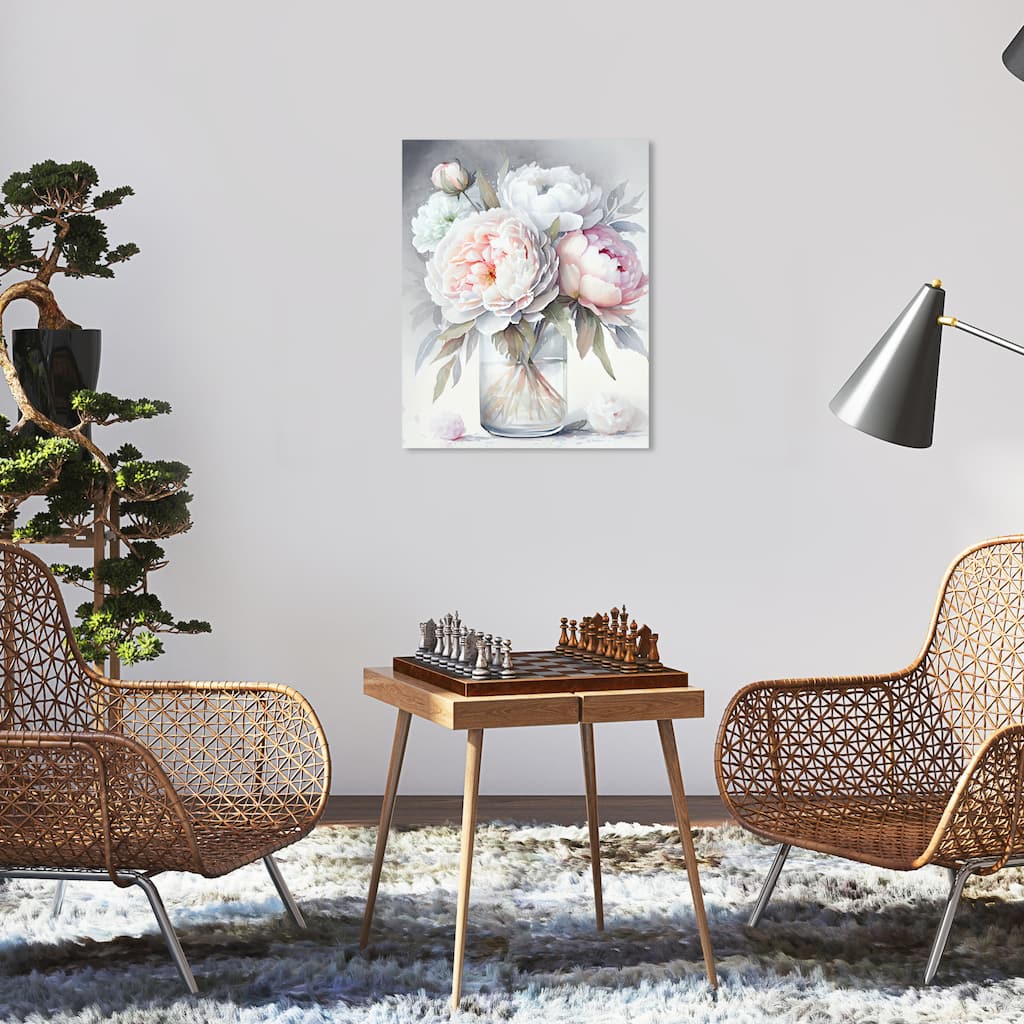 Wynwood Studio Canvas Floral and Botanical Peony Vase Gray and Light Gray Traditional Wall Art Canvas Print